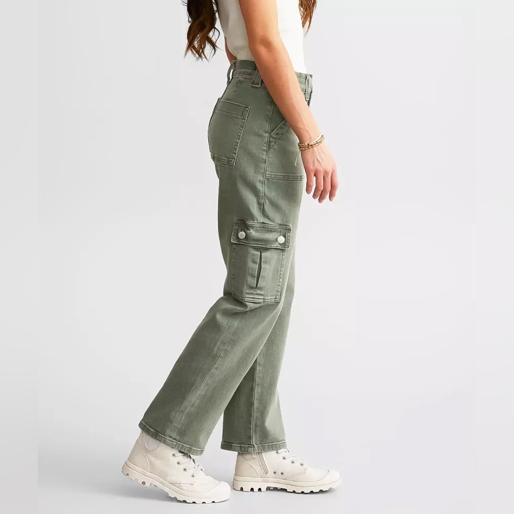 VERVET Buckle Green Stretch Cargo Y2K High Rise Wide Leg Pant Streetwear Size 24 - Picture 2 of 10